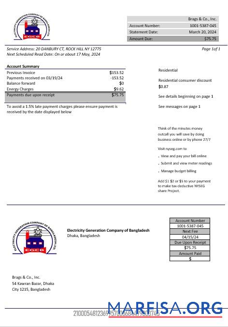 Realistic Bangladesh Electricity Generation Company of Bangladesh business utility bill template in Word and PDF format